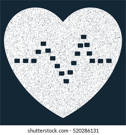 Dotted Heart Pulse grainy textured icon for overlay watermark stamps. Flat symbol with scratched texture. Dotted vector white ink rubber seal stamp with grunge design on a dark blue background.
