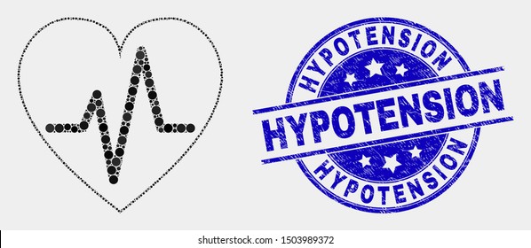Dotted heart pulse mosaic icon and Hypotension stamp. Blue vector round textured seal stamp with Hypotension caption. Vector composition in flat style.