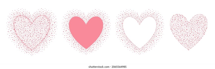 Dotted heart shapes set. Hearts made of tiny hand drawn uneven dots, blobs, spots, beads. Valentine's day decoration, dotty text background collection, frames. Wedding graphic design elements.