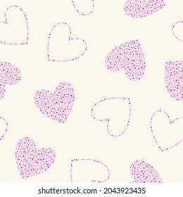 Dotted hearts seamless repeat vector pattern. Heart shapes made of hand drawn uneven hand drawn tiny dots, pink beads, blobs, spots. Valentine's day, wedding abstract dotty background.