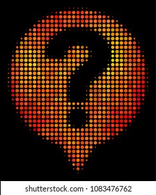 Dotted help balloon icon. Bright pictogram in orange color tones on a black background. Vector halftone mosaic of help balloon pictogram done with spheric items.