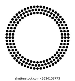 Dotted hexagon circle frame. Geometric black hexagonal ring forming trendy circular border on white background. Modern design element for tech, science, quiz graphics. Abstract vector illustration.