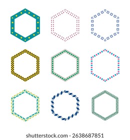Dotted hexagon frame. Pattern vector shape. Geometric border symbol. Colorful checkered ring.