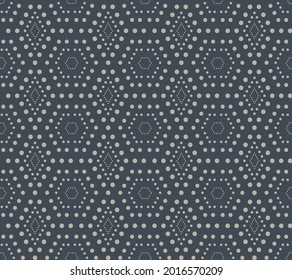 Dotted Hexagon and rhombus pattern on dark background. Seamless abstract pattern background with a variety of circles.