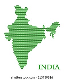 Dotted high detailed digital India country map. Green color circle design in shape of india territory. cartography concept - pixel texture. vector art image illustration, isolated on white background
