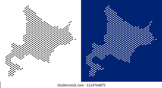 Dotted Hokkaido Island map. Vector geographic map on white and blue backgrounds. Vector mosaic of Hokkaido Island map composed from spheric points.