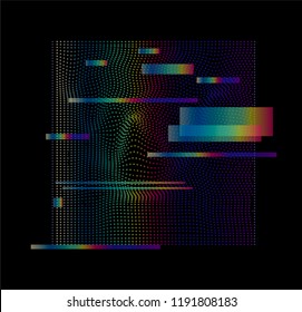 Dotted holographic wireframe with glitched lines on dark background.