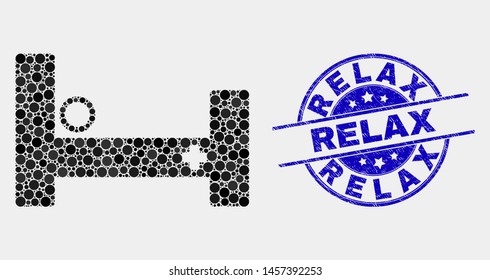 Dotted hospital bed mosaic icon and Relax stamp. Blue vector rounded grunge stamp with Relax caption. Vector combination in flat style. Black isolated hospital bed mosaic of randomized circles,
