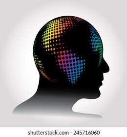 dotted human profile with raster globe in rainbow colors