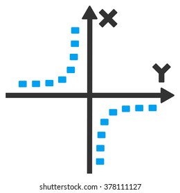 Dotted Hyperbola Plot vector icon. Style is bicolor flat symbol, blue and gray colors, dots are rounded rectangles, white background.