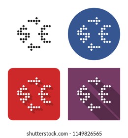Dotted icon of currency exchange in four variants. Dollar  and euro symbols. With short and long shadow