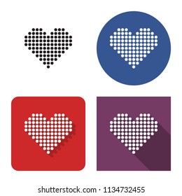 Dotted icon of heart in four variants. With short and long shadow
