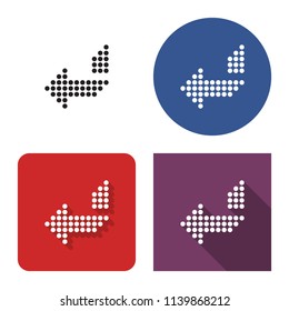 Dotted icon of left orthogonally curved arrow in four variants. With short and long shadow