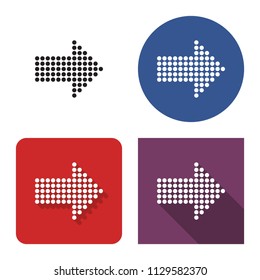 Dotted icon of right direction arrow in four variants. With short and long shadow