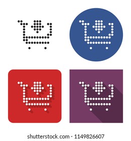 Dotted icon of  shopping trolley with incoming arrow (add to cart) in four variants. With short and long shadow