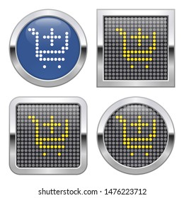 Dotted icon of  shopping trolley with plus sign (add to cart) on glossy button in four variants