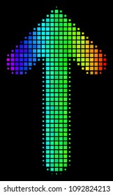 Dotted impressive halftone arrow direction icon in rainbow color variations with horizontal gradient on a black background.