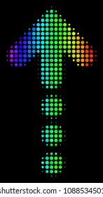 Dotted impressive halftone dotted arrow icon in spectral color hues with horizontal gradient on a black background.