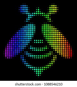 Dotted impressive halftone bee icon in spectrum color tinges with horizontal gradient on a black background. Colored vector collage of bee illustration organized of round points.