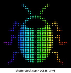 Dotted impressive halftone bug icon in spectrum color tinges with horizontal gradient on a black background. Multicolored vector mosaic of bug symbol designed of round items.