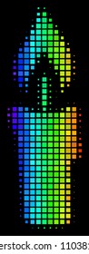 Dotted impressive halftone candle icon using spectrum color tints with horizontal gradient on a black background. Bright vector composition of candle illustration done from square matrix cells.