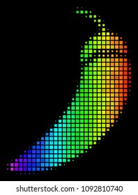 Dotted impressive halftone chili pepper icon using spectrum color tinges with horizontal gradient on a black background.