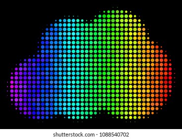 Dotted impressive halftone cloud icon in rainbow color shades with horizontal gradient on a black background. Color vector collage of cloud symbol combined with round points.