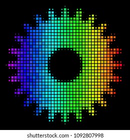 Dotted impressive halftone cogwheel icon using rainbow color tints with horizontal gradient on a black background. Colorful vector mosaic of cogwheel pictogram designed with square items.