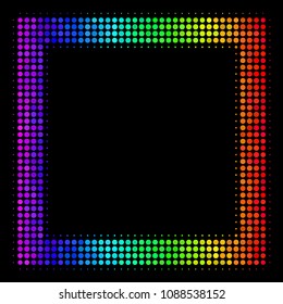 Dotted impressive halftone contour square icon in spectral color tints with horizontal gradient on a black background.