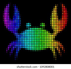 Dotted impressive halftone crab icon using rainbow color tints with horizontal gradient on a black background. Bright vector mosaic of crab symbol created of rectangular points.