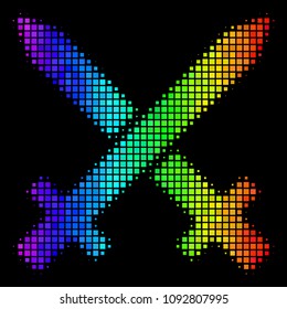 Dotted impressive halftone crossing swords icon using spectral color shades with horizontal gradient on a black background.