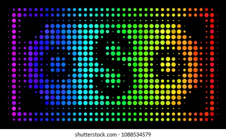 Dotted impressive halftone dollar banknote icon using spectrum color shades with horizontal gradient on a black background.
