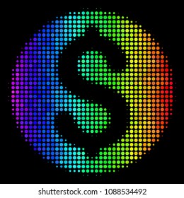 Dotted impressive halftone dollar coin icon using rainbow color tones with horizontal gradient on a black background. Multicolored vector concept of dollar coin illustration combined from circle dots.