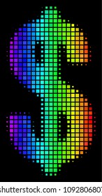 Dotted impressive halftone dollar icon using rainbow color shades with horizontal gradient on a black background. Colorful vector pattern of dollar symbol shaped of rectangle dots.