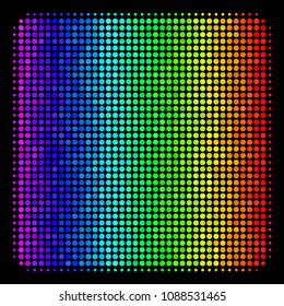 Dotted impressive halftone filled square icon in rainbow color tinges with horizontal gradient on a black background. Color vector concept of filled square pictogram composed of circle cells.