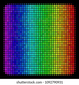 Dotted impressive halftone filled square icon using rainbow color variations with horizontal gradient on a black background.