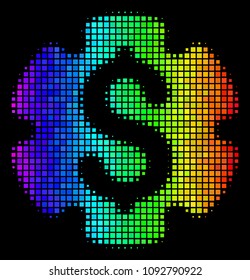 Dotted impressive halftone financial settings gear icon using spectrum color shades with horizontal gradient on a black background.