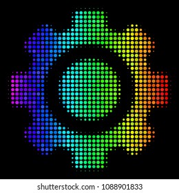 Dotted impressive halftone gear icon drawn with spectral color tints with horizontal gradient on a black background. Colored vector mosaic of gear symbol composed from circle pixels.