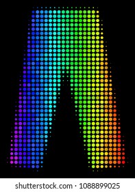 Dotted impressive halftone jeans icon using rainbow color tinges with horizontal gradient on a black background. Colored vector composition of jeans pictogram created of spheric points.
