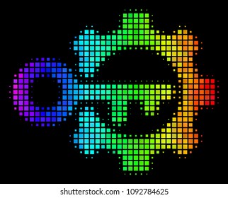 Dotted impressive halftone key options icon using rainbow color tints with horizontal gradient on a black background. Colorful vector mosaic of key options symbol done with rectangular pixels.