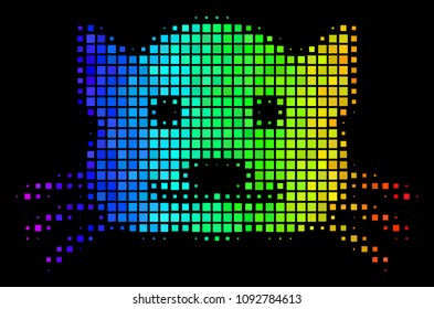 Dotted impressive halftone kitty icon in spectrum color shades with horizontal gradient on a black background. Color vector composition of kitty illustration formed of rectangle cells.