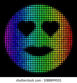 Dotted impressive halftone lady love smiley icon using spectrum color hues with horizontal gradient on a black background. Color vector pattern of lady love smile symbol organized with circle items.