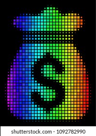 Dotted impressive halftone money bag icon using spectral color variations with horizontal gradient on a black background. Colored vector collage of money bag illustration designed from rectangle dots.