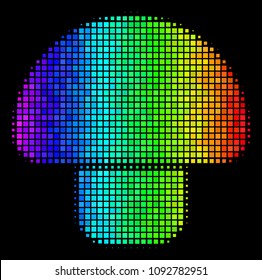 Dotted impressive halftone mushroom icon in rainbow color hues with horizontal gradient on a black background. Colored vector concept of mushroom illustration formed of rectangular matrix cells.