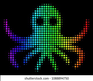 Dotted impressive halftone octopus icon drawn with spectrum color variations with horizontal gradient on a black background. Colored vector pattern of octopus pictogram formed with circle items.