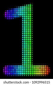 Dotted impressive halftone one digit icon in rainbow color tinges with horizontal gradient on a black background. Colored vector composition of one digit pictogram made from square elements.