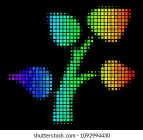 Dotted impressive halftone plant tree icon using rainbow color hues with horizontal gradient on a black background.