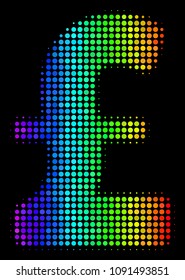 Dotted impressive halftone Pound Sterling icon drawn with spectrum color variations with horizontal gradient on a black background.