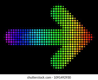 Dotted impressive halftone right arrow icon drawn with spectral color hues with horizontal gradient on a black background. Color vector composition of right arrow symbol made with circle pixels.