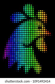 Dotted impressive halftone rooster head icon using rainbow color hues with horizontal gradient on a black background.